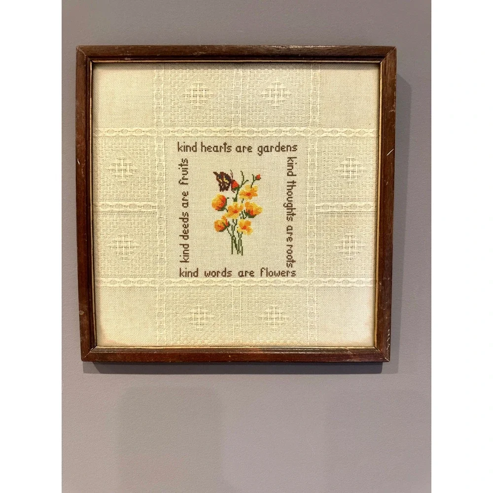 Vintage 70s Kind Hearts Are Gardens Framed Cross Stitch Embroidery Wall Art 11